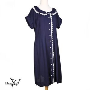 Vintage Lane Bryant Dress Navy Blue w White Lace Trim Size L B36 W34 - Hey Viv